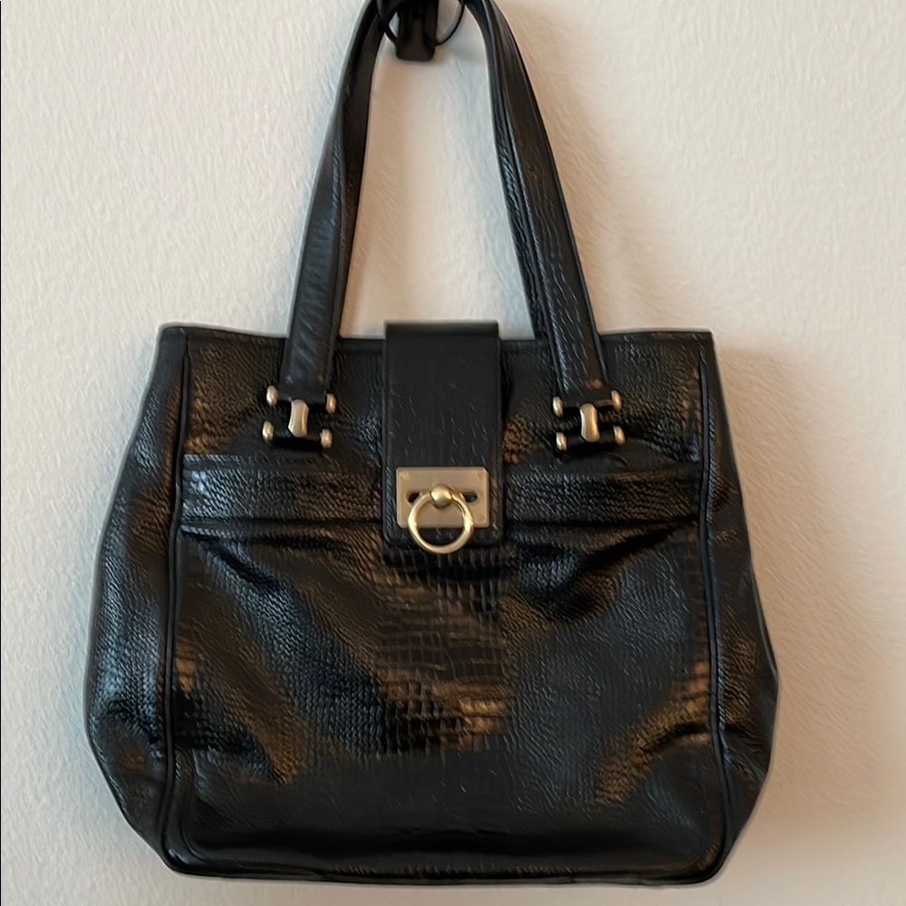 Ann Taylor Black and Gold Shoulder Bag with Croc-Embossed Design